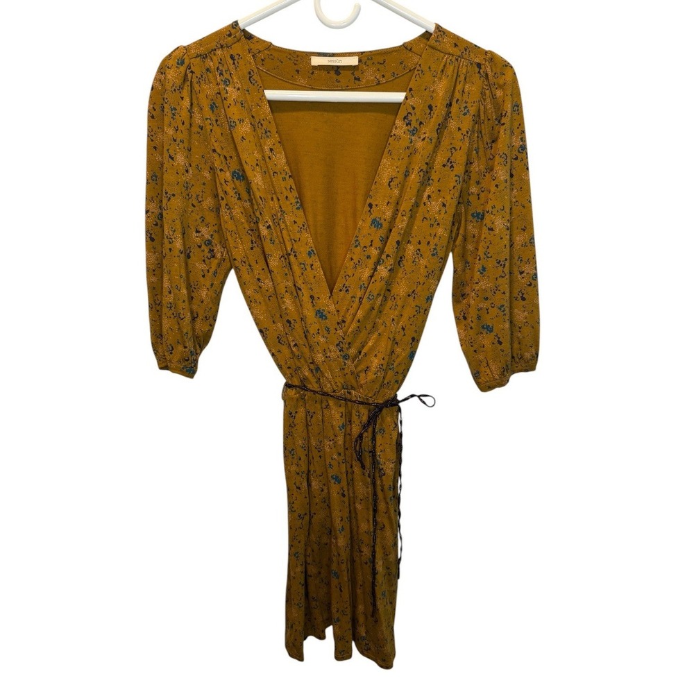 Sessun Marie Rosie Womens Mustard Gold Floral Wrap V-Neck 3/4 Sleeve Dress S